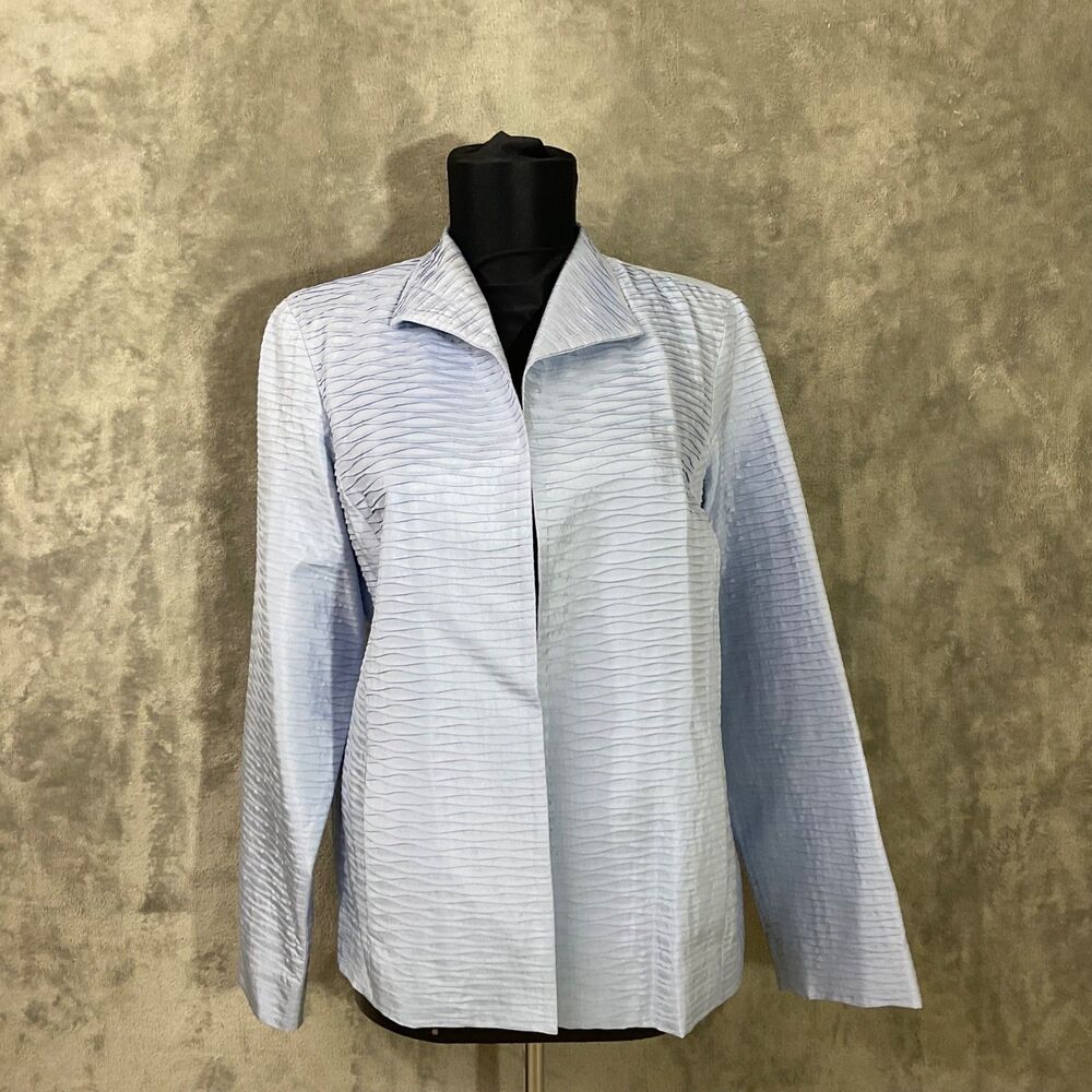 Eileen Fisher Textured 100% Silk Open Front Blazer Jacket Women’s Petite M Blue